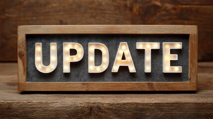 High resolution photo of lightbox with word update on wood background.