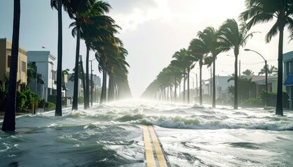 A city street lined with palm trees is submerged by a powerful storm surge flood