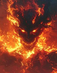 Fototapeta premium A demonic being engulfed in flames, featuring glowing eyes and a menacing grin