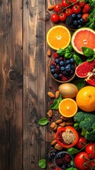 Abundance of fresh, colorful produce, nuts, and berries on a wooden surface