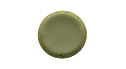 Round olive green cushion with button accents on a white background