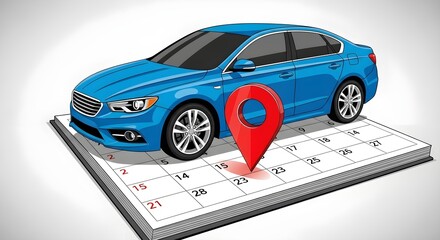 Blue Sedan on Calendar with Location Pin for Car Appointment or Travel Plan