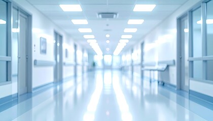 Blurred, sterile hospital corridor with bright lights and reflective floors