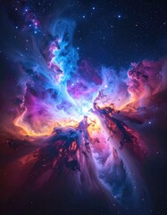 A vibrant cosmic nebula explodes with colorful gas clouds in a starry galaxy
