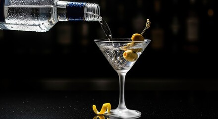 Pouring clear liquid into martini glass with olives