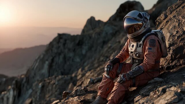 Solitary astronaut taking pause on rugged hilltop during sunset