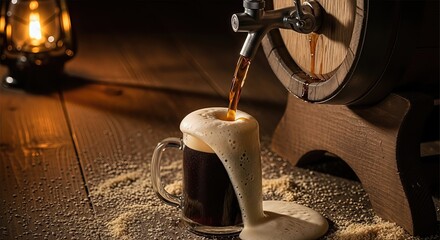 Beer pouring from wooden barrel tap into mug with overflowing foam