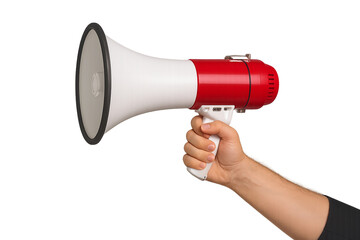 Hand holding a red and white megaphone for announcements or protests. Isolated on transparent background, png