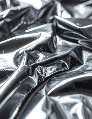 Crinkled, reflective silver foil creating an abstract, textured background