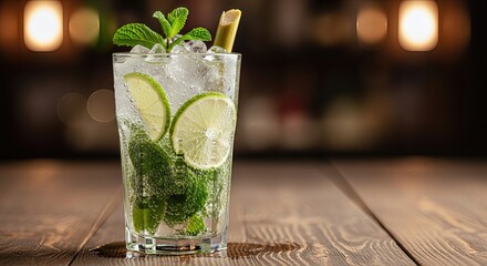 Mojito cocktail with lime, mint, and ice on wooden surface