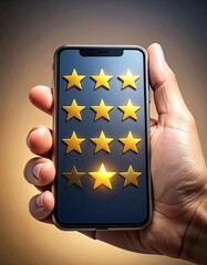 Hand holding a smartphone displaying a glowing star rating for customer feedback