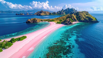 Aerial view of a vibrant pink sand beach and turquoise water surrounding islands