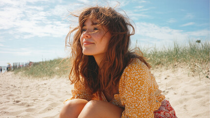 夏の海辺で遠くを見つめる20代女性のポートレート写真
