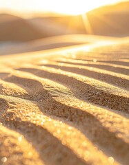 Close-up of glistening, wet sand ripples on a desert dune at golden sunset