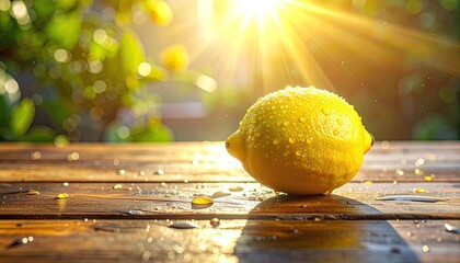 A fresh, wet lemon on a wooden table, glistening in the bright morning sun
