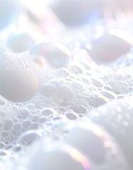 A dreamy macro view of iridescent soap bubbles and soft, clean white foam