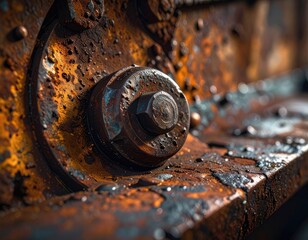 A close-up of a large, heavily rusted bolt securing a weathered metal plate