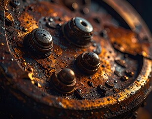 A close-up of a wet, heavily rusted industrial mechanism with bolts and decay
