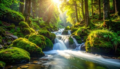 Sunbeams pierce a lush green forest, illuminating a cascading mossy stream