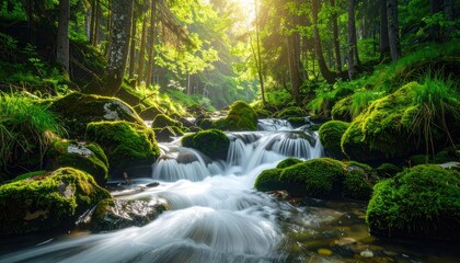 Sunlight streams through a lush green forest over a cascading, mossy stream