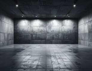 Empty, modern concrete room with spotlights illuminating weathered walls and floor