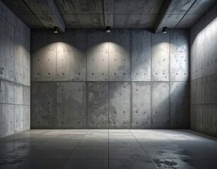Empty concrete room with industrial spotlights on raw walls and a reflective floor