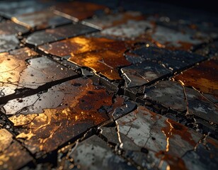 Close-up of a shattered floor with metallic, golden, and cracked tiles
