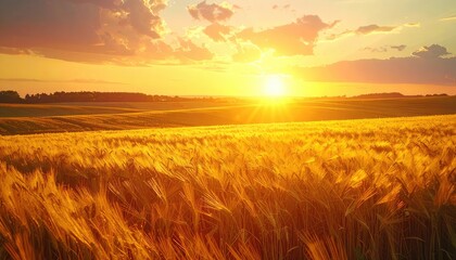 A golden wheat field glows under a vibrant, warm sunset over rolling hills