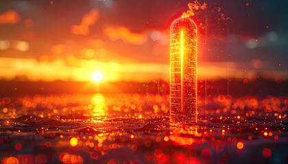 Luminous futuristic cylinder emerges from a sparkling, fiery ocean at sunset