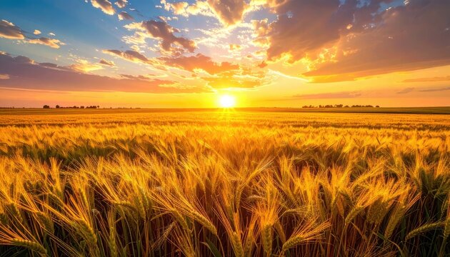 A golden wheat field glows under a dramatic, colorful sunset sky - Powered by Adobe