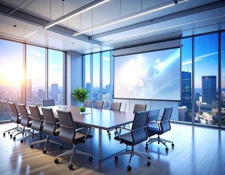 Modern boardroom with a projection screen overlooking a sunny city skyline