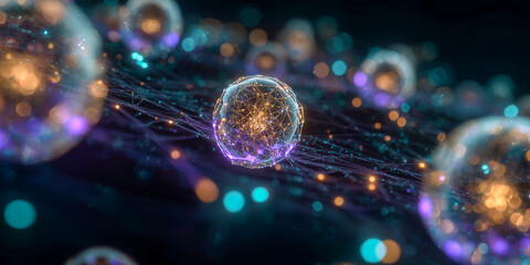 digital company growth model with molecular abstract structure interconnected spheres and pulsating fluid data channels