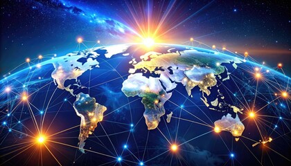 Global network connecting continents from space with a sunburst over the horizon
