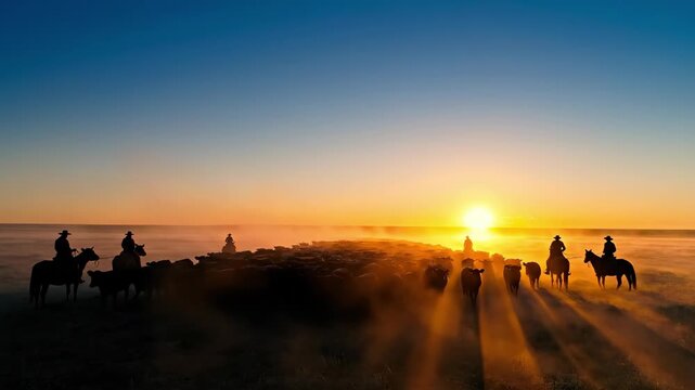 Horse riders unite at dawn, surrounded by rolling mist and golden sunlight. Together, they embrace the beauty of nature and the promise of a fresh start in the fields.