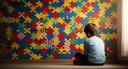 Young child sits quietly before colorful puzzle wall, reflecting hope, warmth, and gentle autism awareness symbolism.