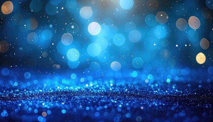 Sparkling blue glitter surface with glowing bokeh lights and magic dust particles