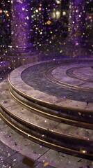 Obraz premium A circular stone platform with ornate edges, surrounded by purple lighting and scattered glitter. The scene conveys a festive christmas background, copy space