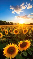 Fototapeta premium Vibrant sunflower field glowing during a beautiful, scenic, golden hour sunset