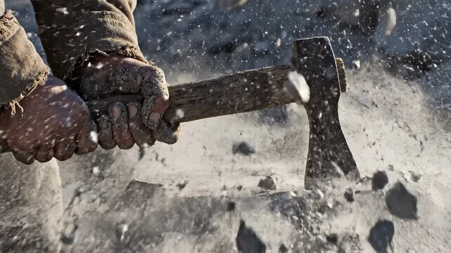 Hands grip a sturdy hammer, striking a rough stone block in a remote quarry. Dust rises with each powerful blow, showcasing an ancient craft in the morning light.