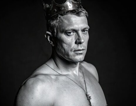 Black and white portrait of a shirtless, muscular man wearing a crown, intense gaze