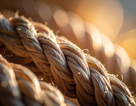 A close-up of a thick, twisted rope bathed in warm, golden sunlight bokeh
