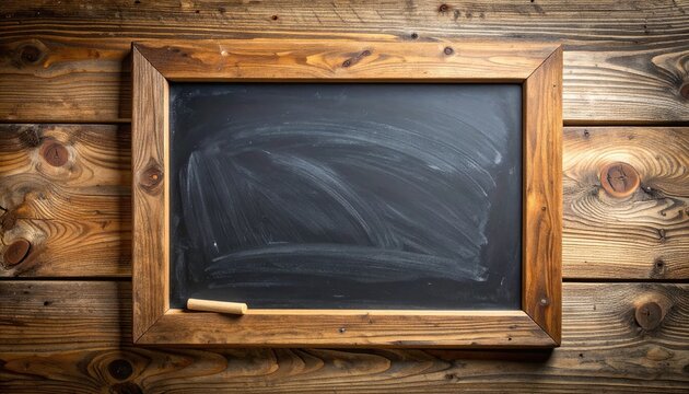 A blank, smudged chalkboard in a wooden frame against a rustic plank background - Powered by Adobe
