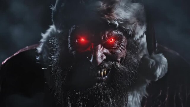 Evil santa man with glowing red eyes and tattered suit emerging from smoke for horror Christmas story.