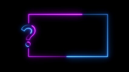 Glowing neon question mark and rectangular frame in pink and blue on black background light