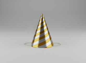 Fototapeta premium A detailed studio shot of a party hat with gold and silver stripes, isolated on a white background.