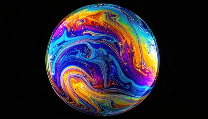 A vibrant, swirling sphere of psychedelic, iridescent colors on a black background