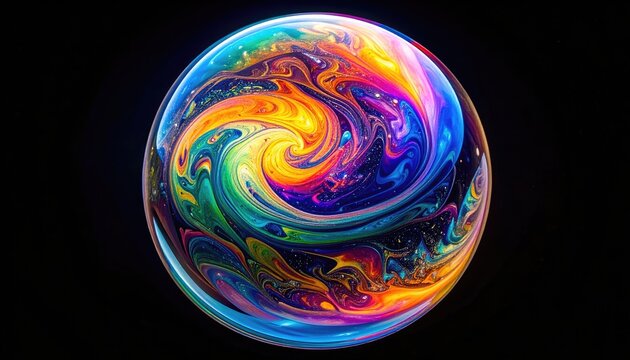 A vibrant, swirling cosmic sphere of rainbow colors on a stark black void