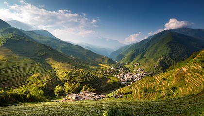 rural village in mountain valley with terraced fields and vibrant crops