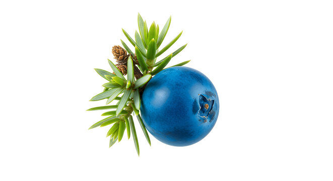 Close-up of a vibrant, ripe juniper berry with fresh green needles, isolated on white background