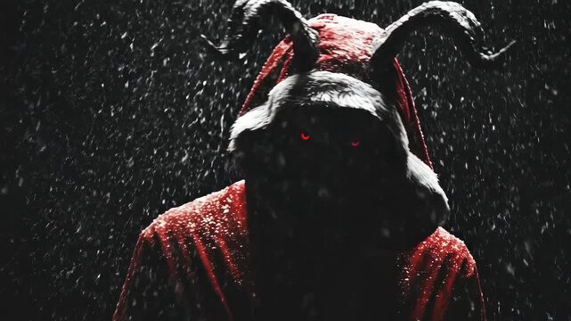 A man dressed in a beastly santa costume with horned hood and red eyes, animated with snowfall, evil holiday concept for halloween Christmas.